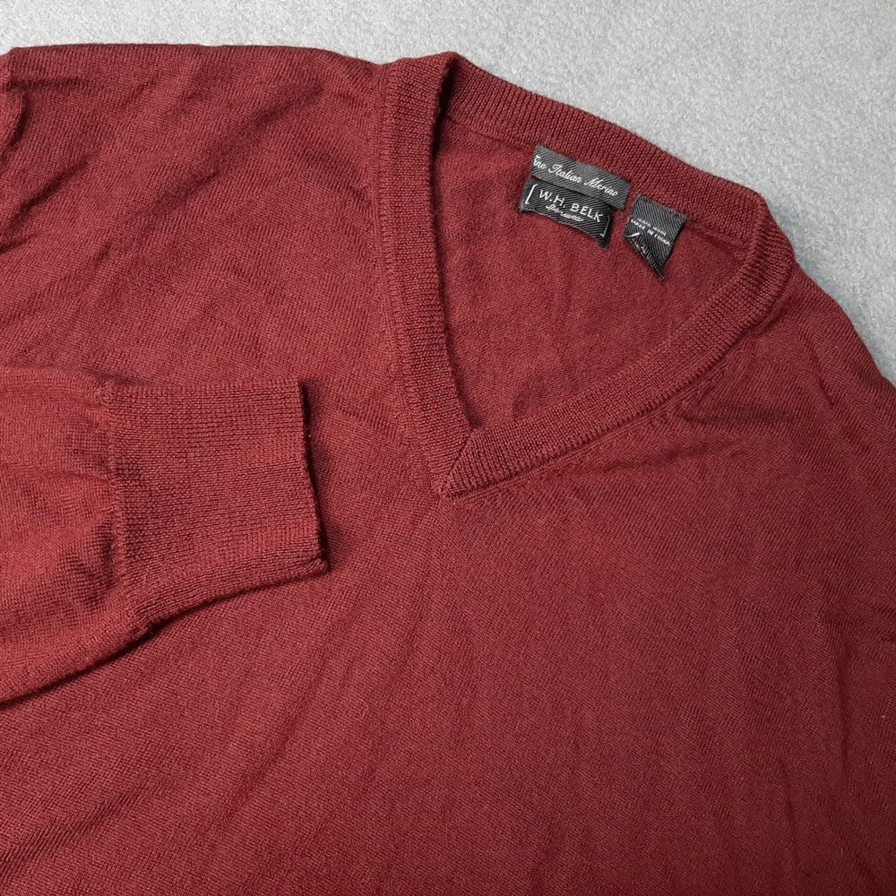 WH Belk Sweater Mens Extra Large Red Burgundy 100% WOOL Italian Merino Old Money